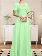 A-line Scoop Illusion Floor-Length Lace Chiffon Mother of the Bride Dress With Sequins by Dreamylily