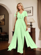 Jumpsuit/Pantsuit V-Neck Floor-Length Chiffon Evening Dress