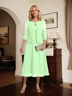 A-line Scoop Tea-Length Lace Chiffon Mother of the Bride Dress With Sequins by Dreamylily