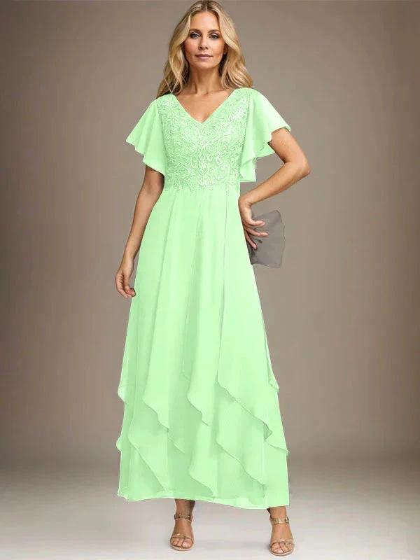A-line V-Neck Ankle-Length Lace Chiffon Mother of the Bride Dress With Cascading Ruffles by Dreamylily