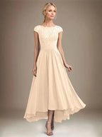 A-line Scoop Illusion Asymmetrical Lace Chiffon Mother of the Bride Dress With Pleated by Dreamylily