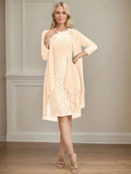 Sheath/Column Scoop Illusion Knee-Length Lace Chiffon Mother of the Bride Dress With Cascading Ruffles Sequins by Dreamylily