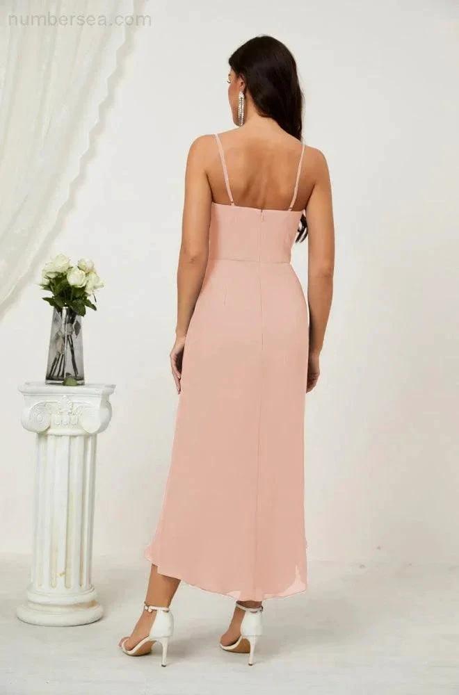 Numbersea Spaghetti Chiffon V Neck Bridesmaid Dress Mid-Length Slit Formal Prom Dress Homecoming Dress 2803 by numbersea