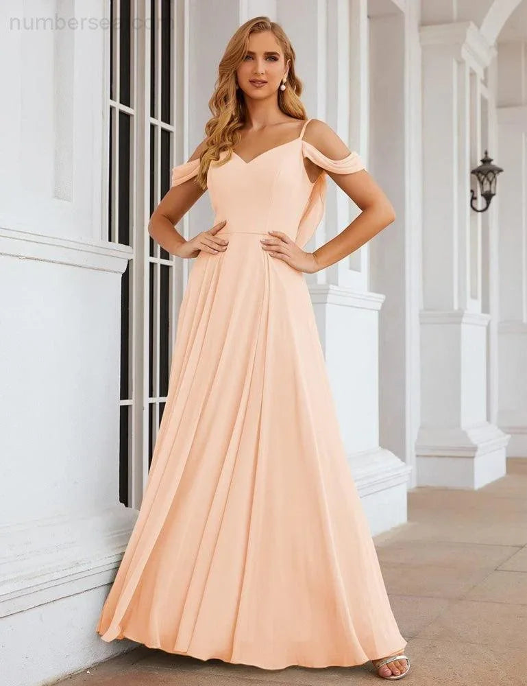 Abiti da damigella d'onore in chiffon con spalle scoperte Numbersea, lunghi maxi formali per ballo e festa per donne SEA28059