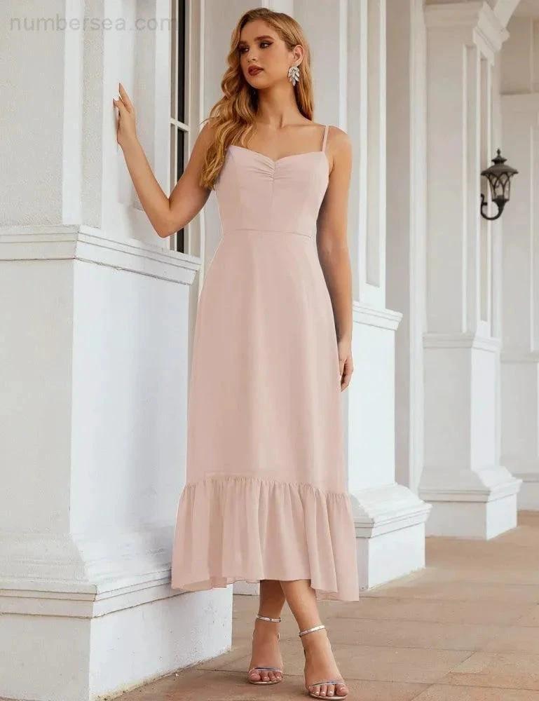 Numbersea Spaghetti Strap Chiffon Bridesmaid Dress Ankle Length Formal A Line Cocktail Party Homecoming Dress for Juniors SEA28028 by numbersea