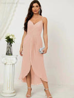 Numbersea Spaghetti Chiffon V Neck Bridesmaid Dress Mid-Length Slit Formal Prom Dress Homecoming Dress 2803 by numbersea