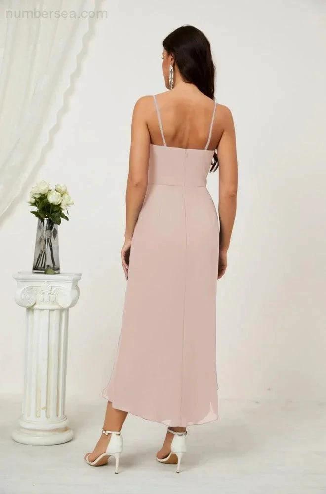 Numbersea Spaghetti Chiffon V Neck Bridesmaid Dress Mid-Length Slit Formal Prom Dress Homecoming Dress 2803 by numbersea