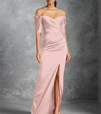 Sheath/Column Off-the-Shoulder Short Sleeves Floor-Length Mother of the Bride Dresses With Split Front by Dreamylily