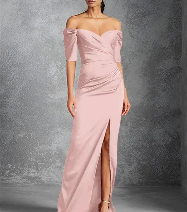 Sheath/Column Off-the-Shoulder Short Sleeves Floor-Length Mother of the Bride Dresses With Split Front by Dreamylily