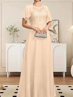 A-line Scoop Illusion Floor-Length Lace Chiffon Mother of the Bride Dress With Sequins by Dreamylily