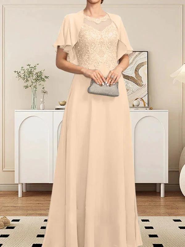 A-line Scoop Illusion Floor-Length Lace Chiffon Mother of the Bride Dress With Sequins by Dreamylily