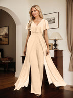 Jumpsuit/Pantsuit V-Neck Floor-Length Chiffon Evening Dress