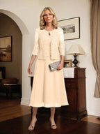 A-line Scoop Tea-Length Lace Chiffon Mother of the Bride Dress With Sequins by Dreamylily