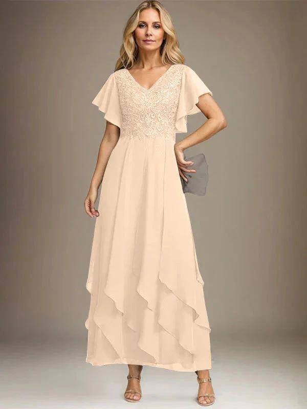 A-line V-Neck Ankle-Length Lace Chiffon Mother of the Bride Dress With Cascading Ruffles by Dreamylily