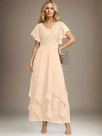 A-line V-Neck Ankle-Length Lace Chiffon Mother of the Bride Dress With Cascading Ruffles by Dreamylily