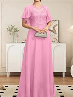 A-line Scoop Illusion Floor-Length Lace Chiffon Mother of the Bride Dress With Sequins by Dreamylily