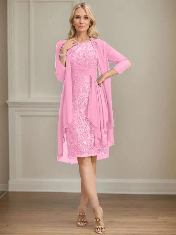 Sheath/Column Scoop Illusion Knee-Length Lace Chiffon Mother of the Bride Dress With Cascading Ruffles Sequins by Dreamylily