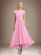 A-line Scoop Illusion Asymmetrical Lace Chiffon Mother of the Bride Dress With Pleated by Dreamylily