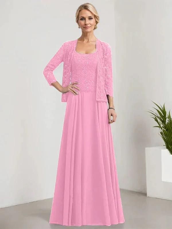 A-line Square Floor-Length Lace Chiffon Mother of the Bride Dress With Sequins by Dreamylily
