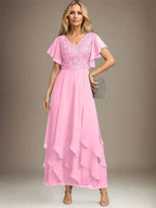 A-line V-Neck Ankle-Length Lace Chiffon Mother of the Bride Dress With Cascading Ruffles by Dreamylily