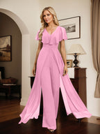 Jumpsuit/Pantsuit V-Neck Floor-Length Chiffon Evening Dress