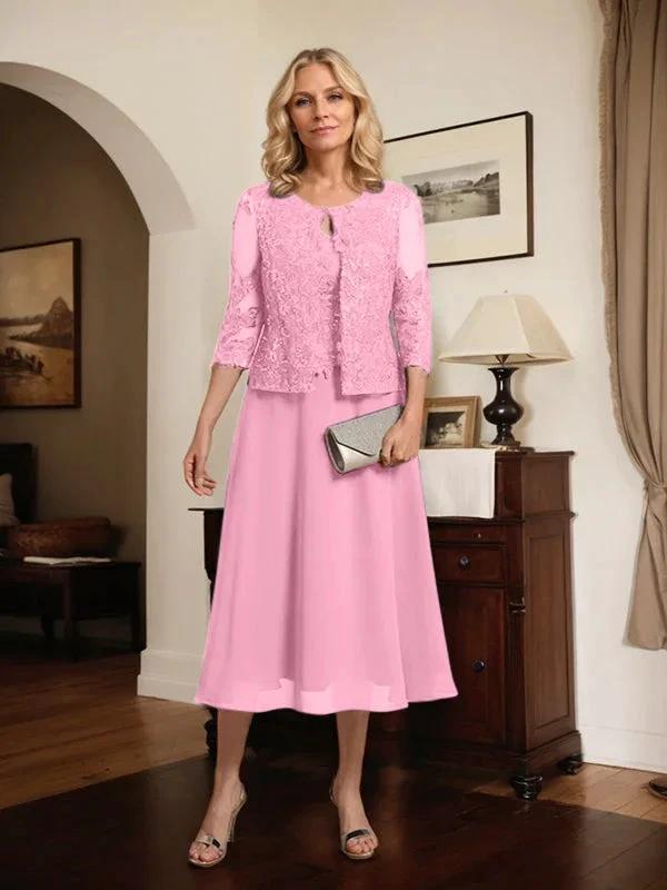 A-line Scoop Tea-Length Lace Chiffon Mother of the Bride Dress With Sequins by Dreamylily