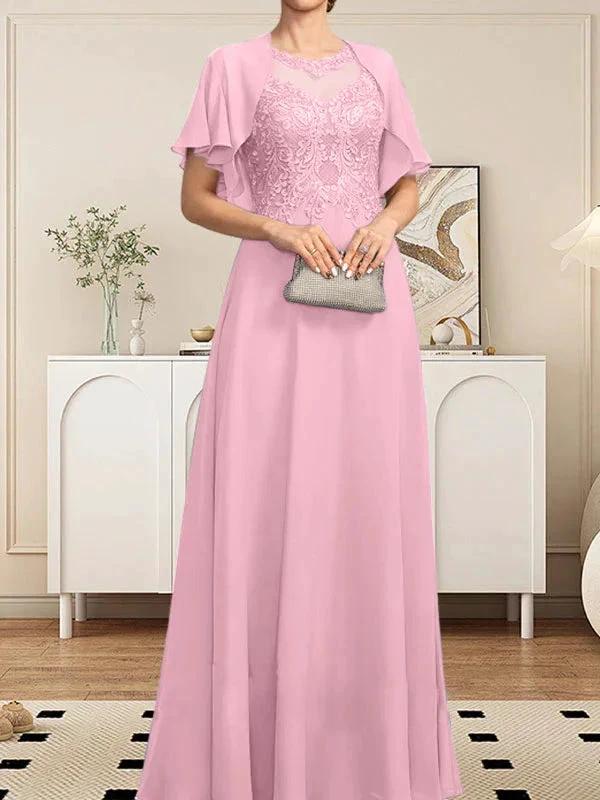A-line Scoop Illusion Floor-Length Lace Chiffon Mother of the Bride Dress With Sequins by Dreamylily