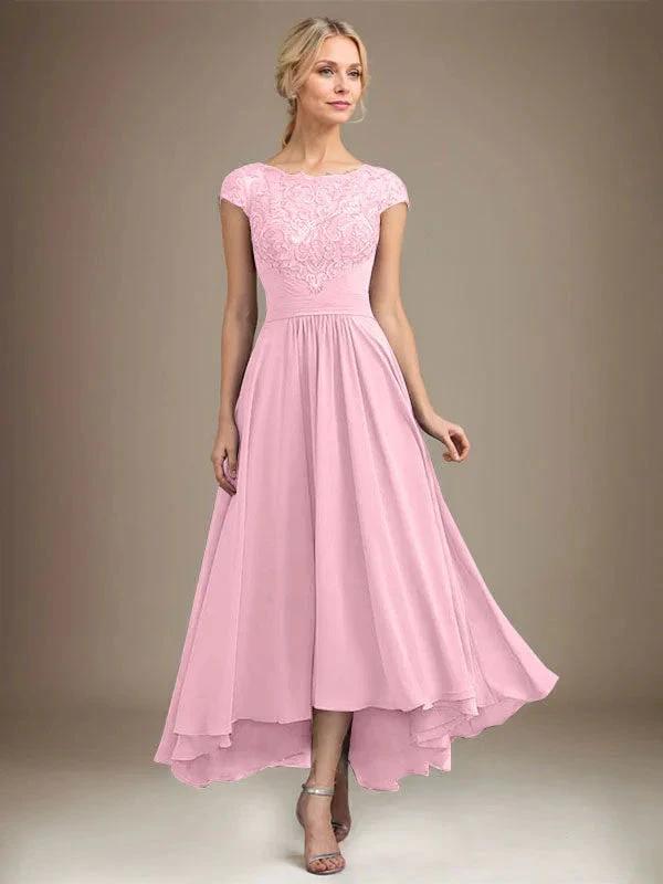A-line Scoop Illusion Asymmetrical Lace Chiffon Mother of the Bride Dress With Pleated by Dreamylily