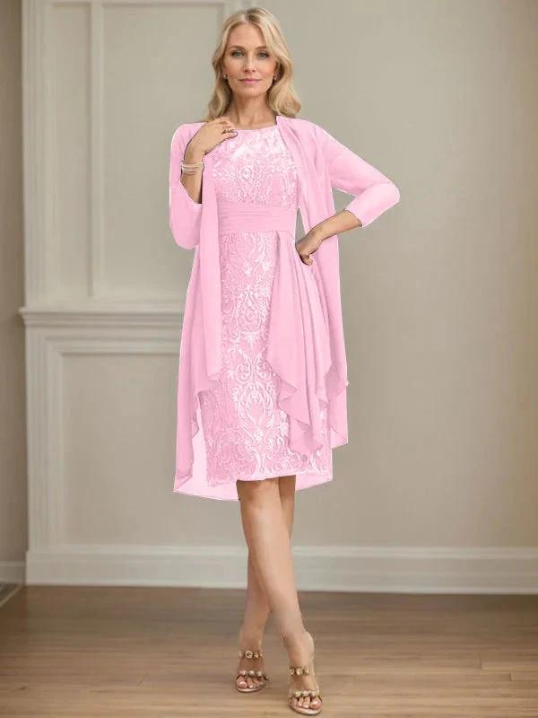 Sheath/Column Scoop Illusion Knee-Length Lace Chiffon Mother of the Bride Dress With Cascading Ruffles Sequins by Dreamylily