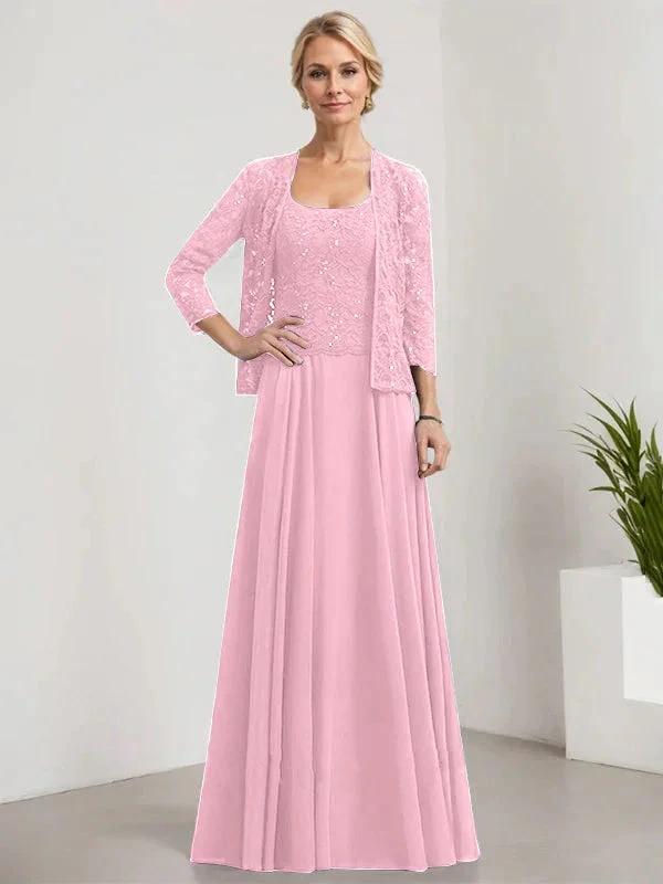 A-line Square Floor-Length Lace Chiffon Mother of the Bride Dress With Sequins by Dreamylily