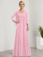 A-line Square Floor-Length Lace Chiffon Mother of the Bride Dress With Sequins by Dreamylily