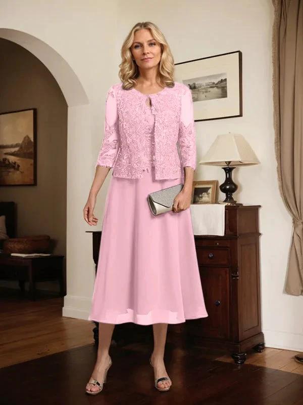 A-line Scoop Tea-Length Lace Chiffon Mother of the Bride Dress With Sequins by Dreamylily