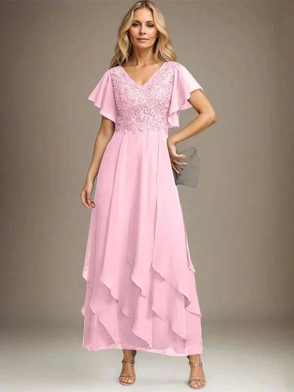 A-line V-Neck Ankle-Length Lace Chiffon Mother of the Bride Dress With Cascading Ruffles by Dreamylily