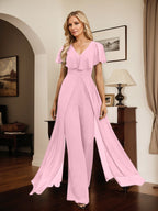 Jumpsuit/Pantsuit V-Neck Floor-Length Chiffon Evening Dress