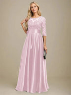 A-line Scoop Illusion Floor-Length Stretch Satin Lace Mother of the Bride Dress With Bow Sequins by Dreamylily