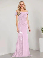 A-Line Off the Shoulder Floor-Length Mother of the Bride Dress Applique Beadings Mermaid Dress With High Split by Dreamylily