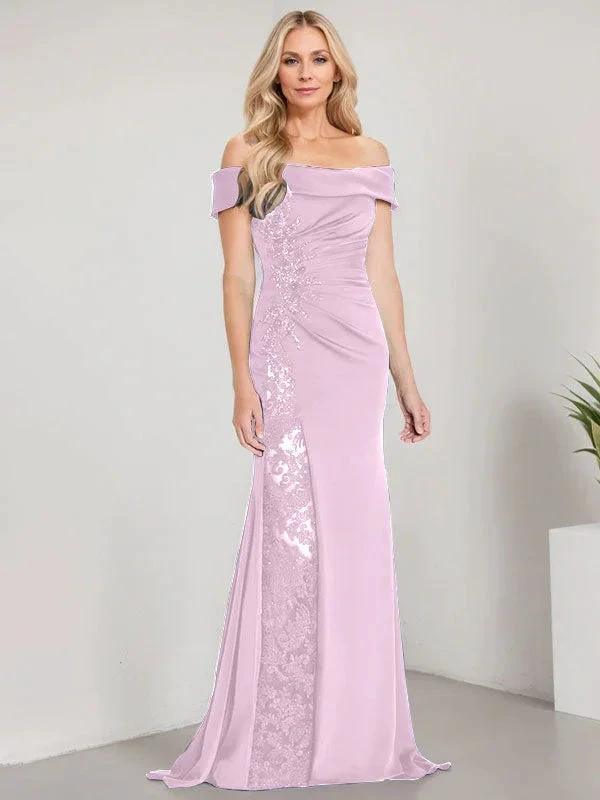 A-Line Off the Shoulder Floor-Length Mother of the Bride Dress Applique Beadings Mermaid Dress With High Split by Dreamylily