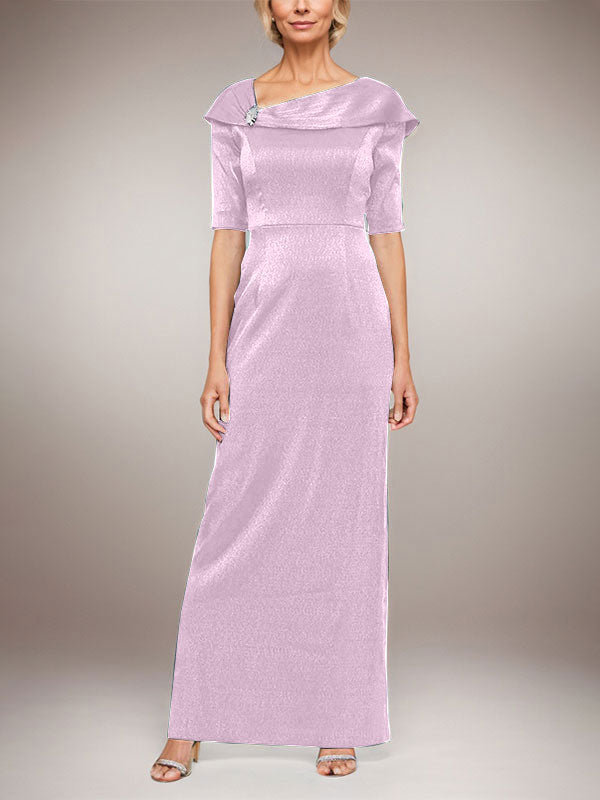 Long Shimmer Column Dress with Foldover Cuff L-Neckline and Elbow Sleeves