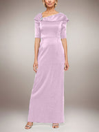Long Shimmer Column Dress with Foldover Cuff L-Neckline and Elbow Sleeves