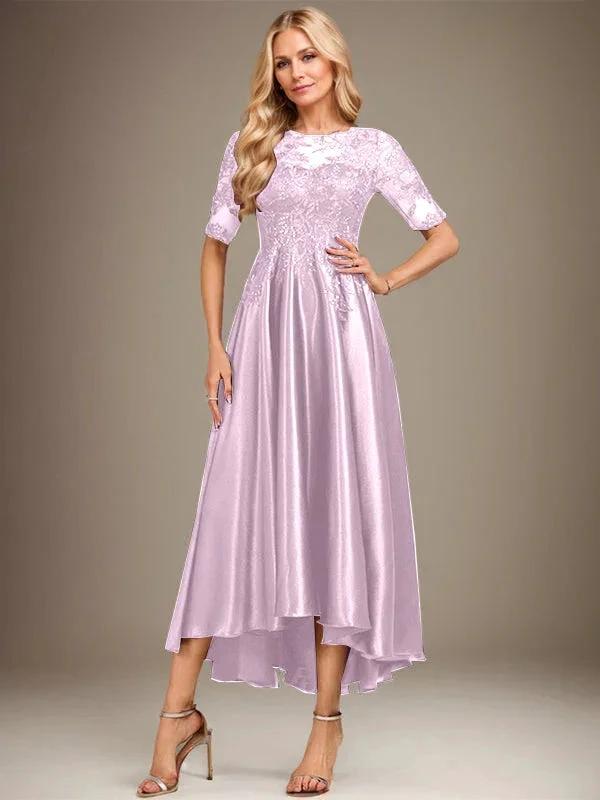A-line Scoop Illusion Asymmetrical Stretch Satin Lace Mother of the Bride Dress With Sequins by Dreamylily