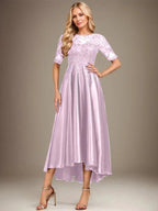 A-line Scoop Illusion Asymmetrical Stretch Satin Lace Mother of the Bride Dress With Sequins by Dreamylily