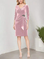 Short Velvet Sheath Dress with Surplice Neckline, Cascade Skirt and Embellishment Detail at Hip by Dreamylily