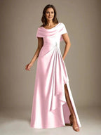A-Line Scoop Floor-Length Stretch Satin Mother of the Bride Dress With Cascading Ruffles by Dreamylily
