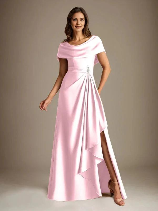 A-Line Scoop Floor-Length Stretch Satin Mother of the Bride Dress With Cascading Ruffles by Dreamylily