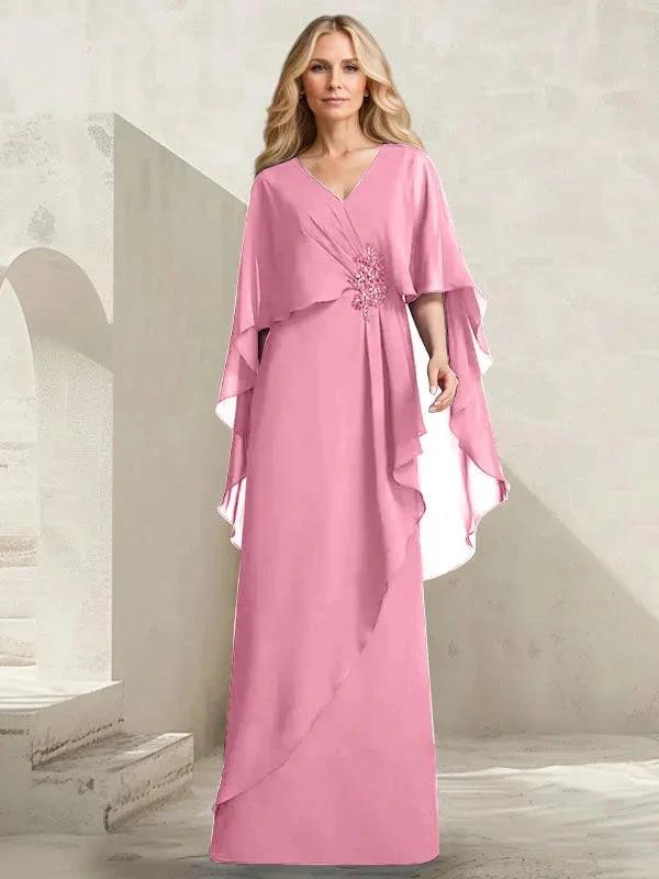A-line V-Neck Floor-Length Chiffon Mother of the Bride Dress With Cascading Ruffles Beading by Dreamylily