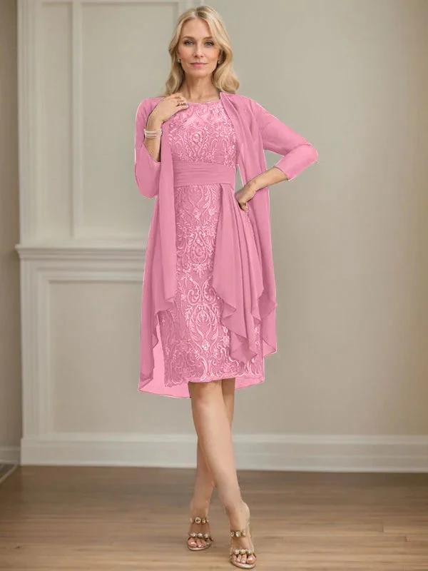Sheath/Column Scoop Illusion Knee-Length Lace Chiffon Mother of the Bride Dress With Cascading Ruffles Sequins by Dreamylily