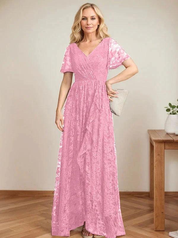 A-Line V-Neck Asymmetrical Lace Mother of the Bride Dress With Cascading Ruffles by Dreamylily