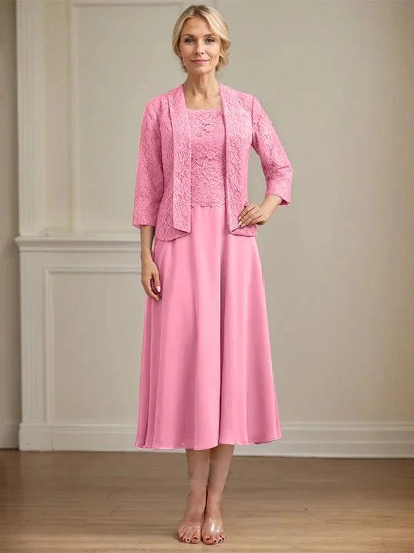 A-line Scoop Tea-Length Lace Chiffon Mother of the Bride Dress by Dreamylily