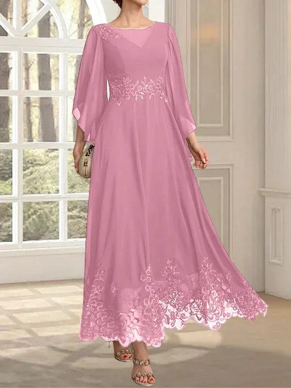 A-line Scoop Illusion Ankle-Length Lace Chiffon Mother of the Bride Dress With Sequins by Dreamylily
