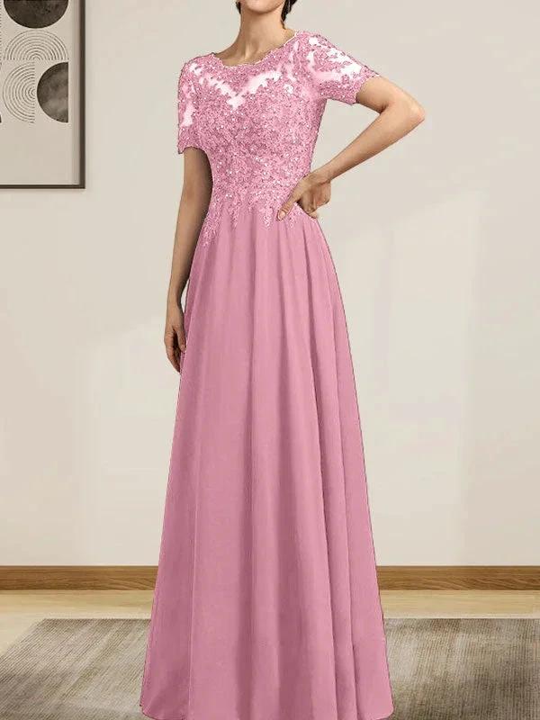 A-line Scoop Illusion Floor-Length Chiffon Lace Mother of the Bride Dress With Sequins Beading by Dreamylily